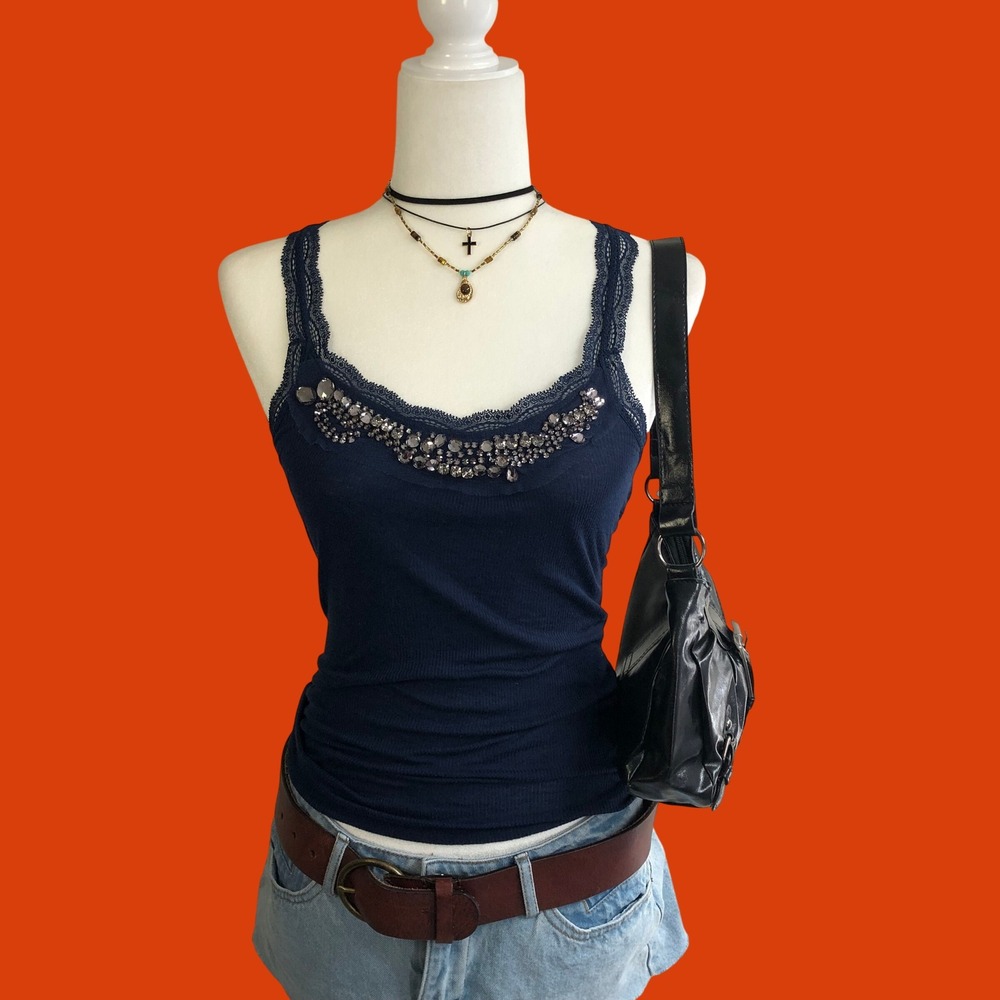 Vintage Y2K Princess Vera Wang Navy Lace Trim Rhinestone Beaded Tank Top XS
